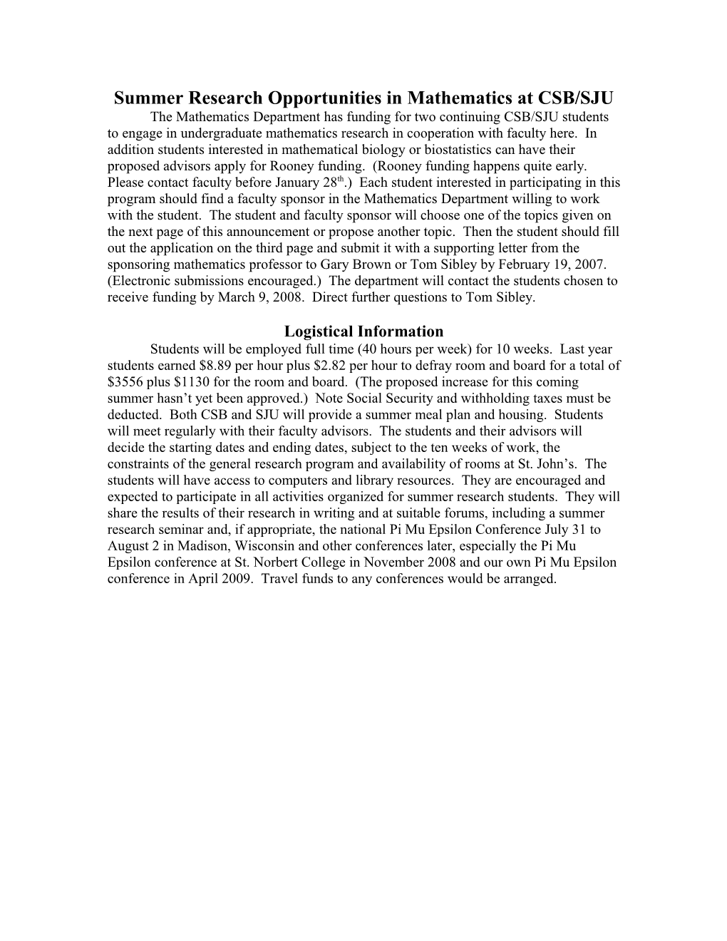 Summer Research Opportunities in Mathematics at CSB/SJU