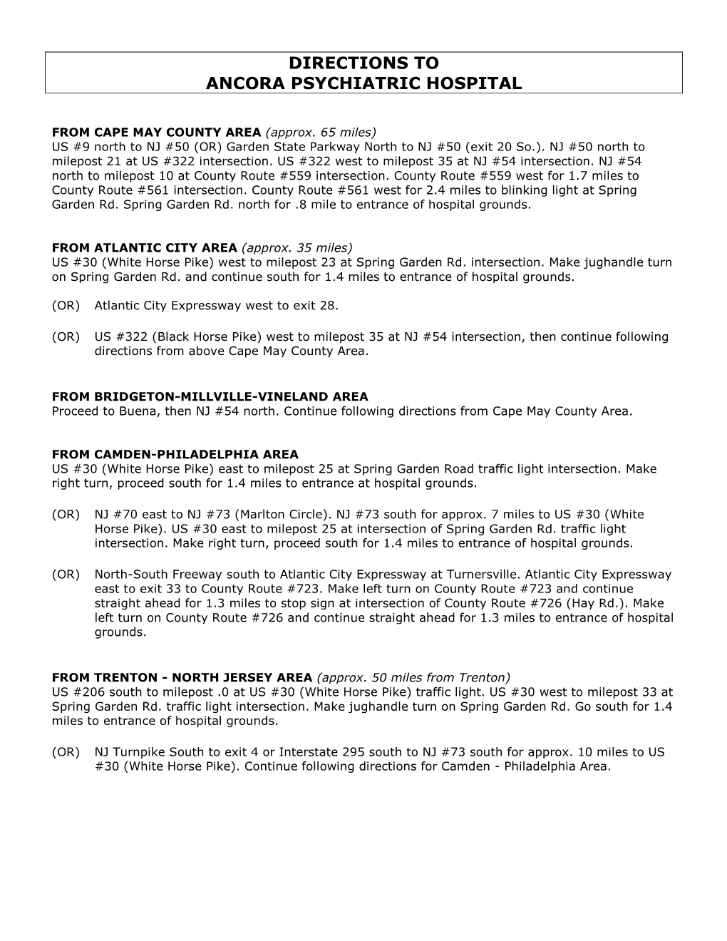 Directions to Ancora Psychiatric Hospital