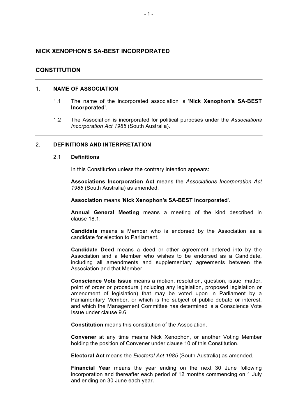 Nick Xenophon's Sa-Best Incorporated Constitution