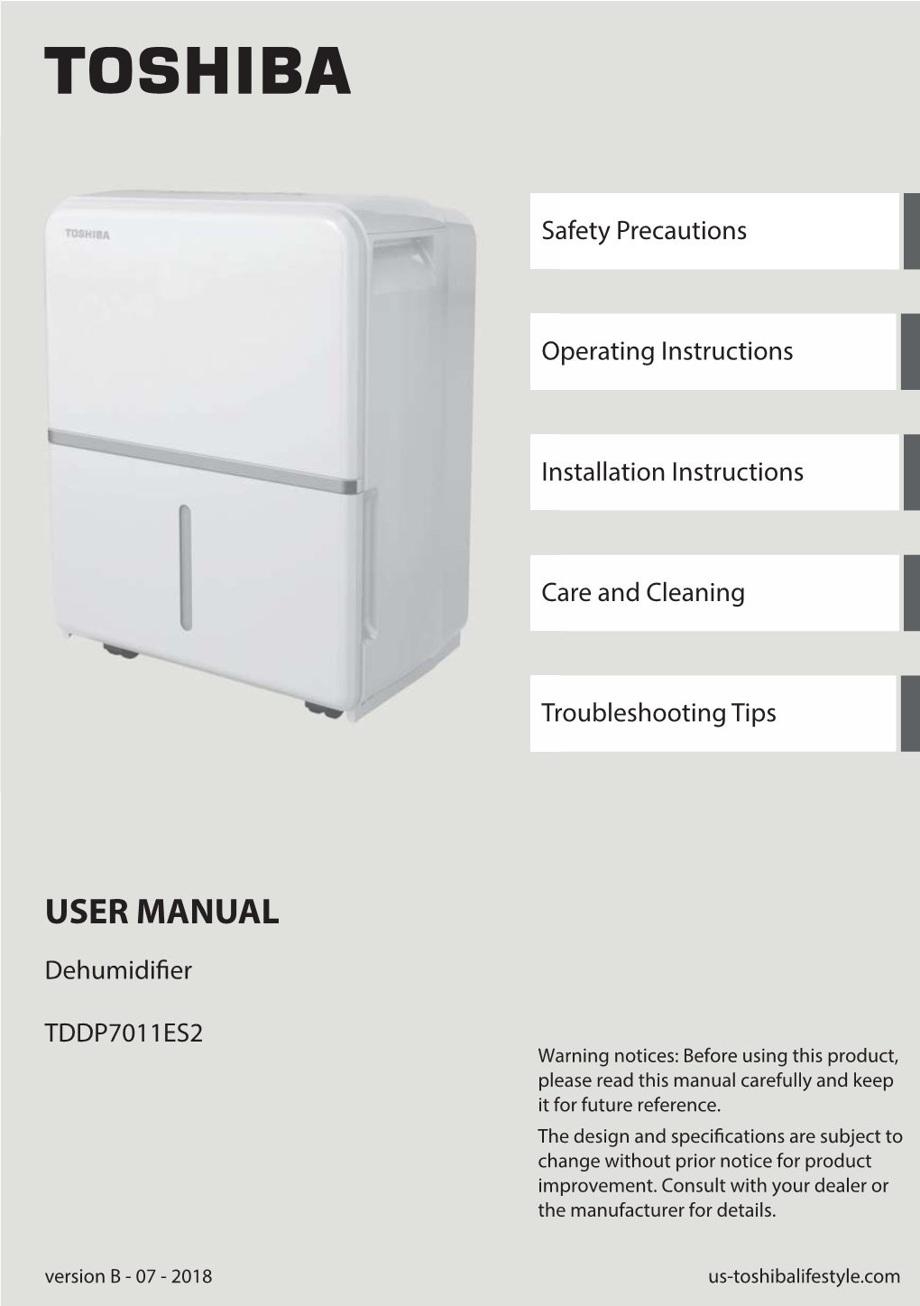 User Manual Dehumidifier Toshiba Dp70