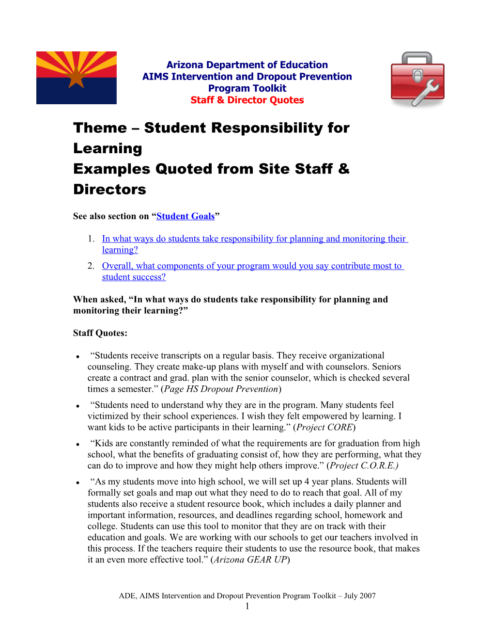 Theme Student Responsibility for Learning