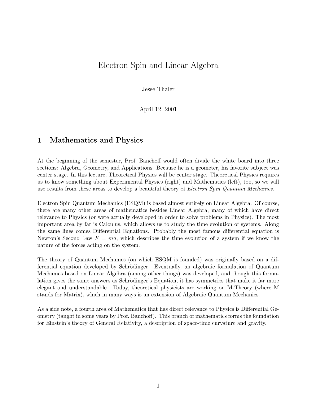 Electron Spin and Linear Algebra