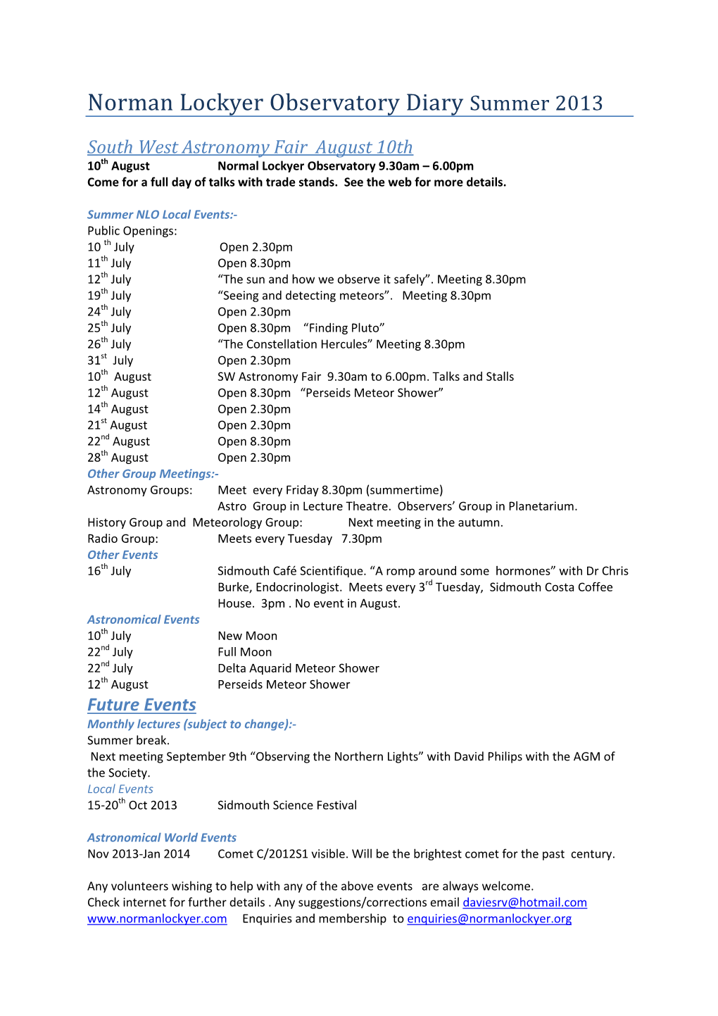 Norman Lockyer Observatory Diary Summer 2013