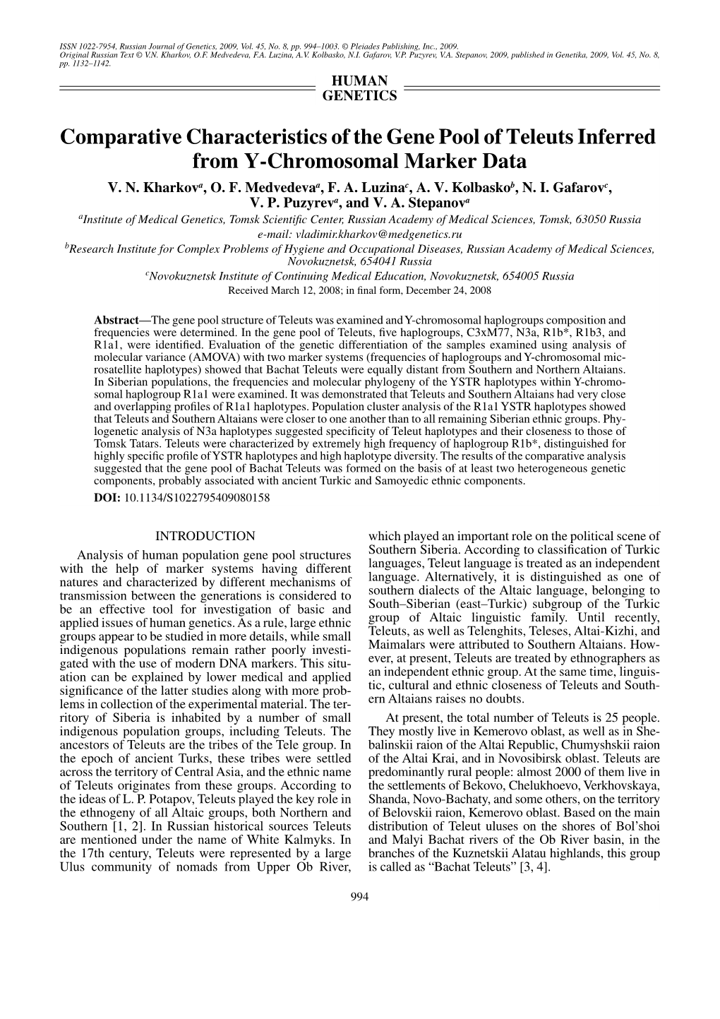 Comparative Characteristics of the Gene Pool of Teleuts Inferred from Y-Chromosomal Marker Data V