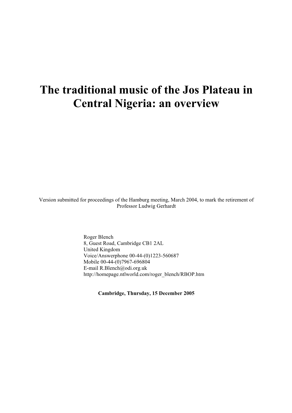 The Traditional Music of the Jos Plateau in Central Nigeria: an Overview