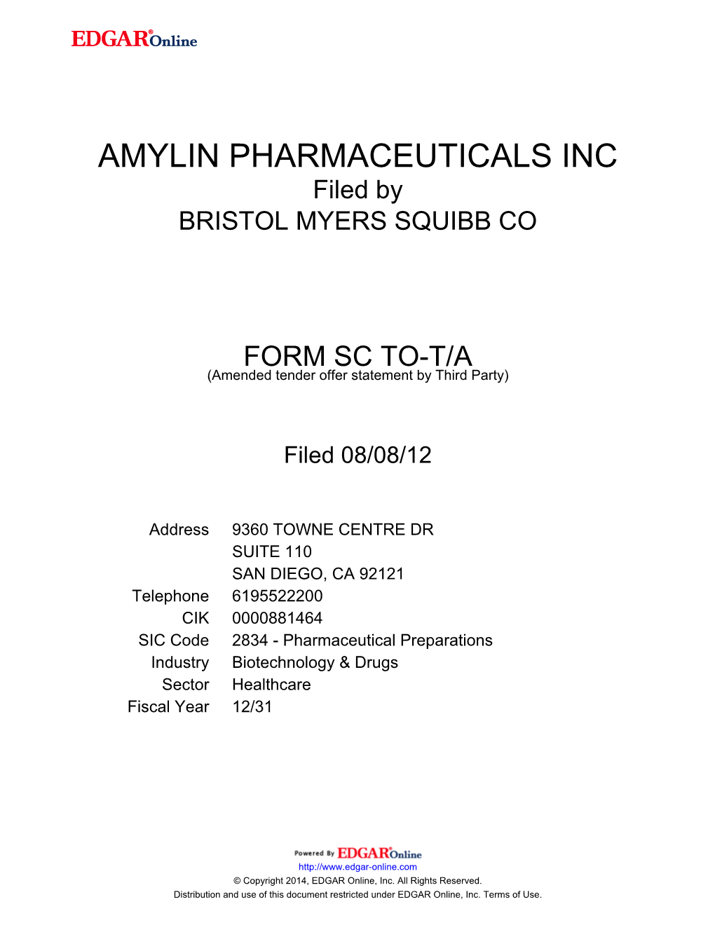 AMYLIN PHARMACEUTICALS INC Filed by BRISTOL MYERS SQUIBB CO