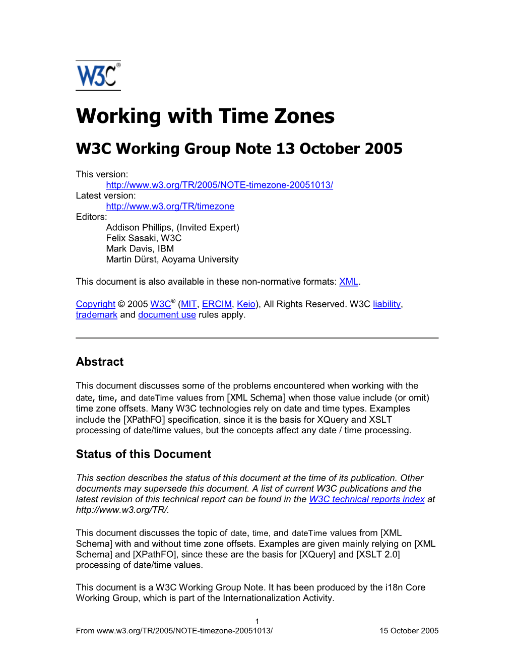 Working with Time Zones W3C Working Group Note 13 October 2005