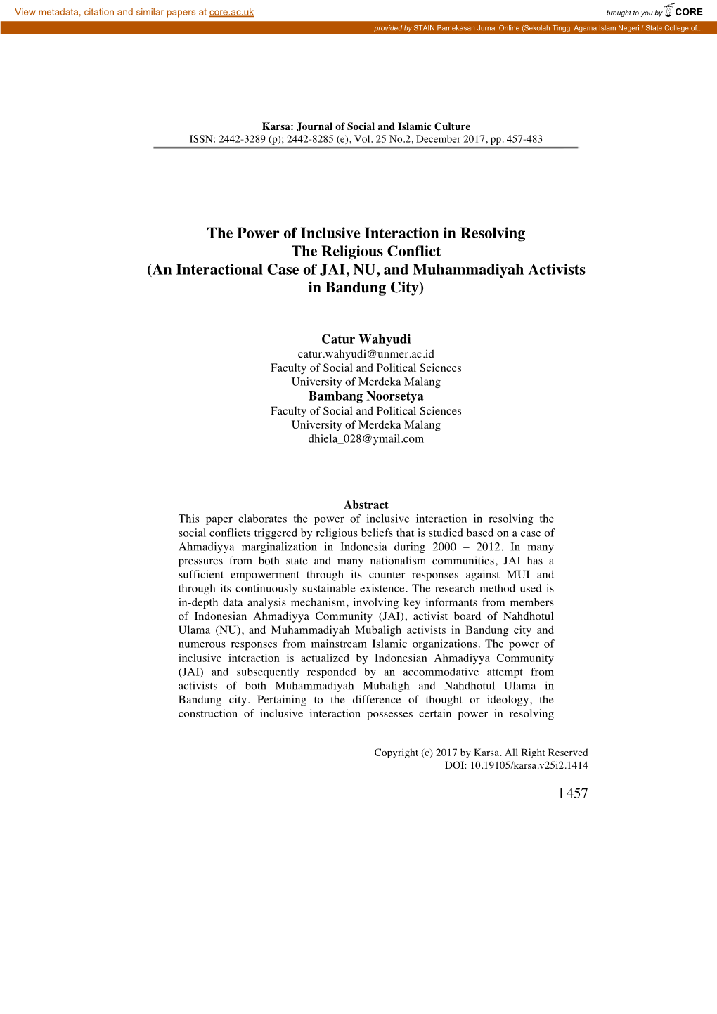 The Power of Inclusive Interaction in Resolving the Religious Conflict (An Interactional Case of JAI, NU, and Muhammadiyah Activists in Bandung City)