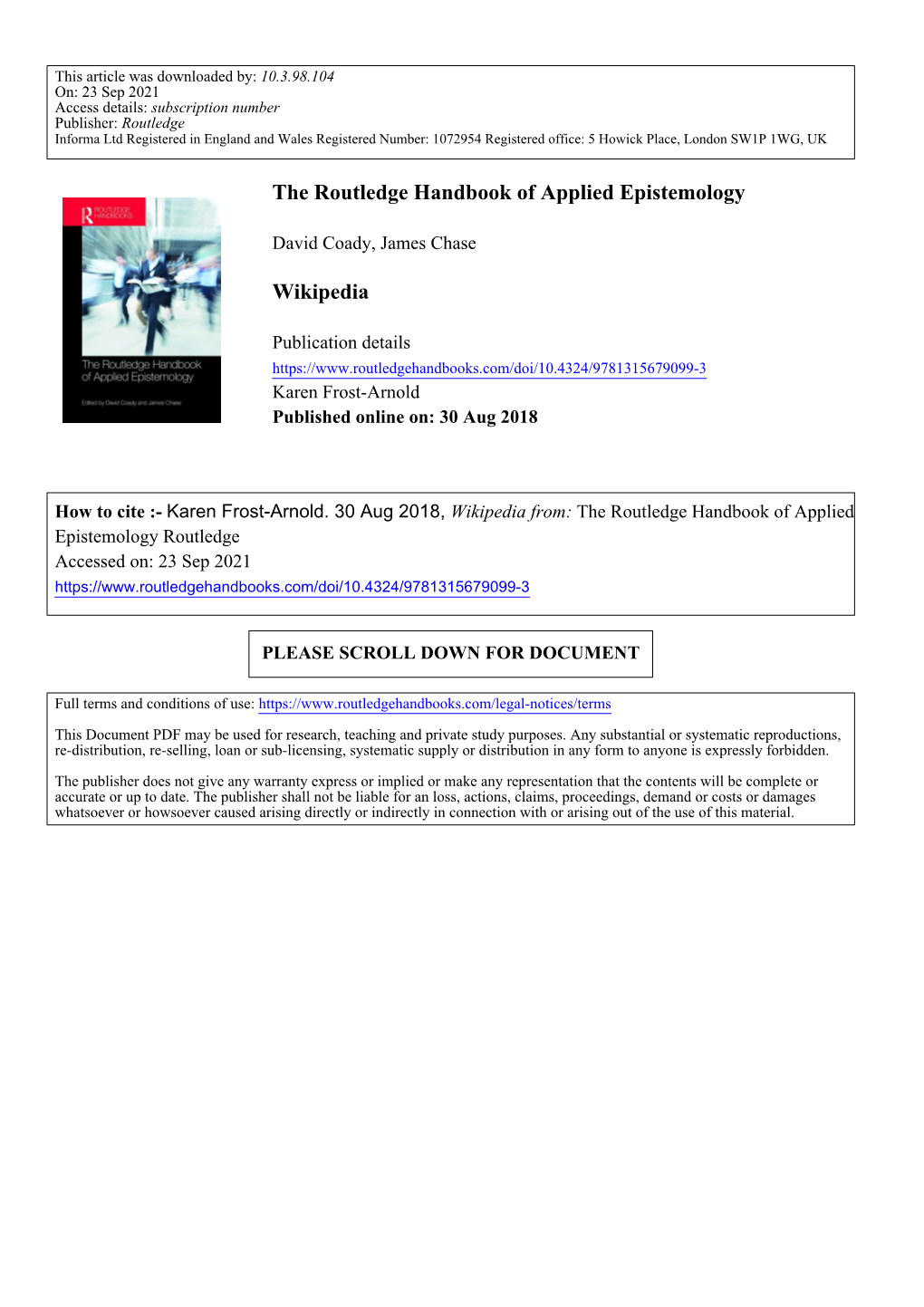 The Routledge Handbook of Applied Epistemology Wikipedia