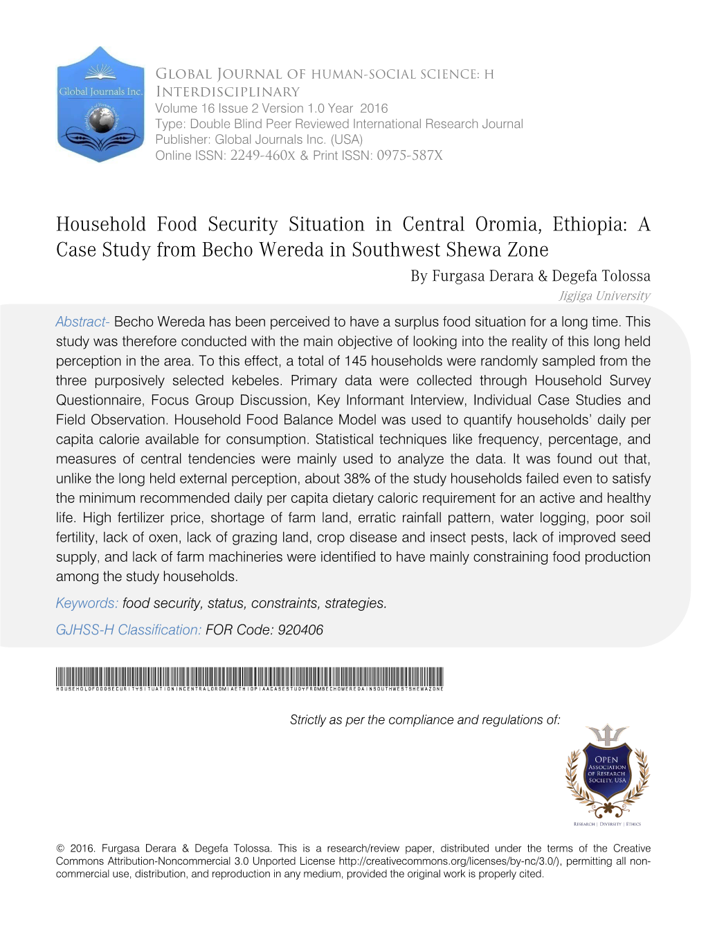 Household Food Security Situation in Central Oromia, Ethiopia: a Case Study from Becho Wereda in Southwest Shewa Zone