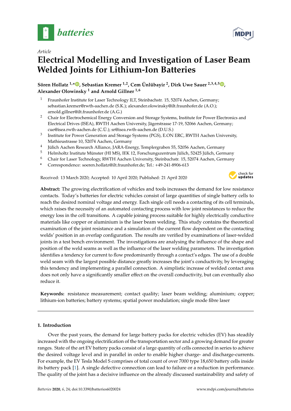 Electrical Modelling and Investigation of Laser Beam Welded Joints for Lithium-Ion Batteries