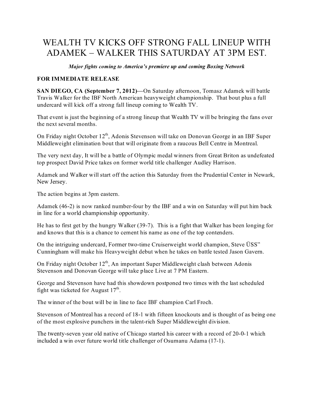 Wealth Tv Kicks Off Strong Fall Lineup with Adamek – Walker This Saturday at 3Pm Est