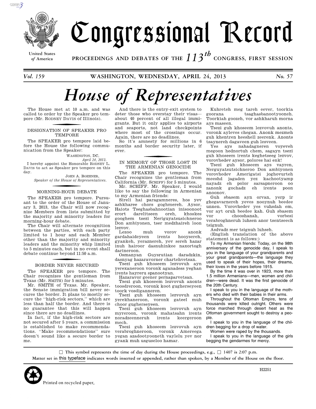 Congressional Record United States Th of America PROCEEDINGS and DEBATES of the 113 CONGRESS, FIRST SESSION