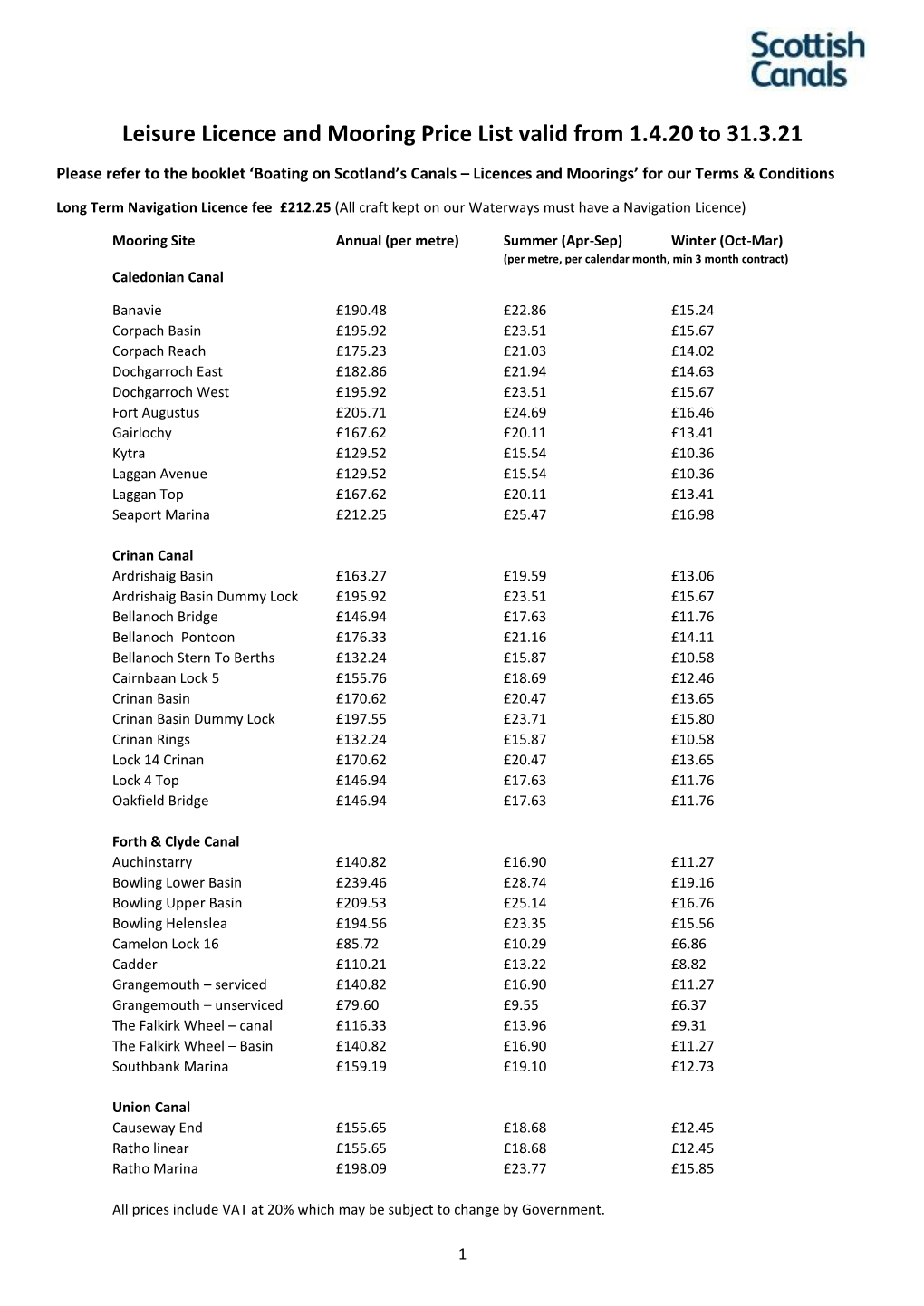 Leisure Licence and Mooring Price List Valid from 1.4.20 to 31.3.21