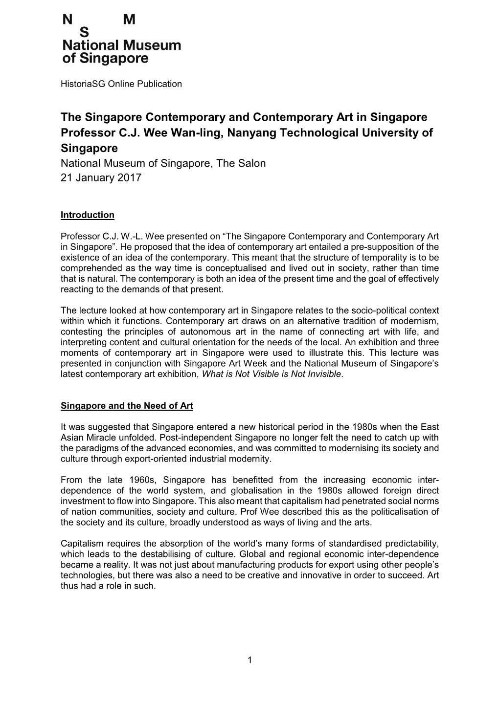 The Singapore Contemporary and Contemporary Art in Singapore Professor C.J