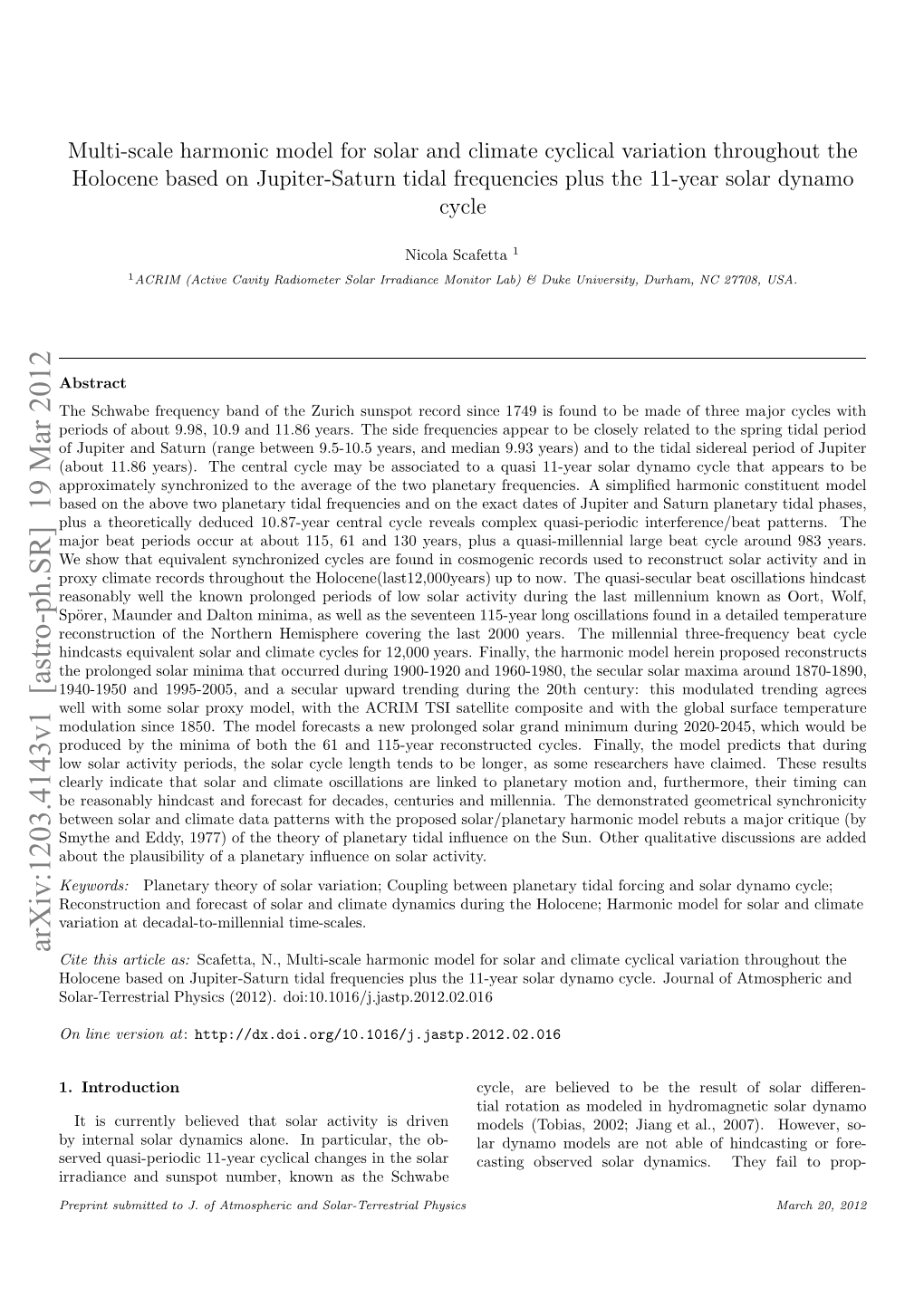 Arxiv:1203.4143V1 [Astro-Ph.SR] 19 Mar 2012 Rpitsbitdt .O Topei N Solar-Terrestr and Schwabe Atmospheric the of J