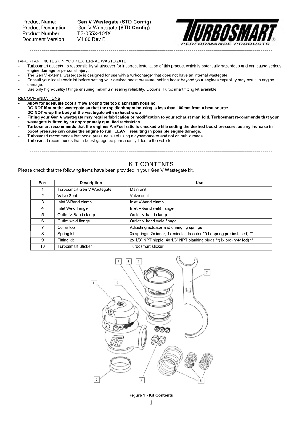 Product Name: Gen V Wastegate (STD Config) Product Description: Gen V Wastegate (STD Config) Product Number: TS-055X-101X Document Version: V1.00 Rev B