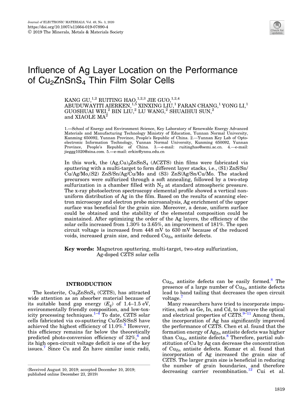Influence of Ag Layer Location on the Performance of Cu 2 Znsns 4 Thin