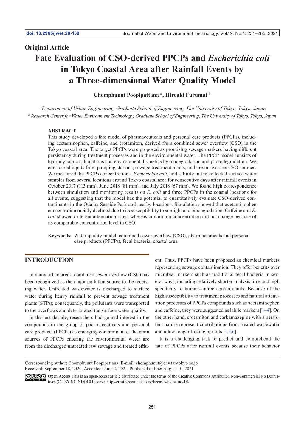 Fate Evaluation of CSO-Derived Ppcps and Escherichia Coli in Tokyo Coastal Area After Rainfall Events by a Three-Dimensional Water Quality Model