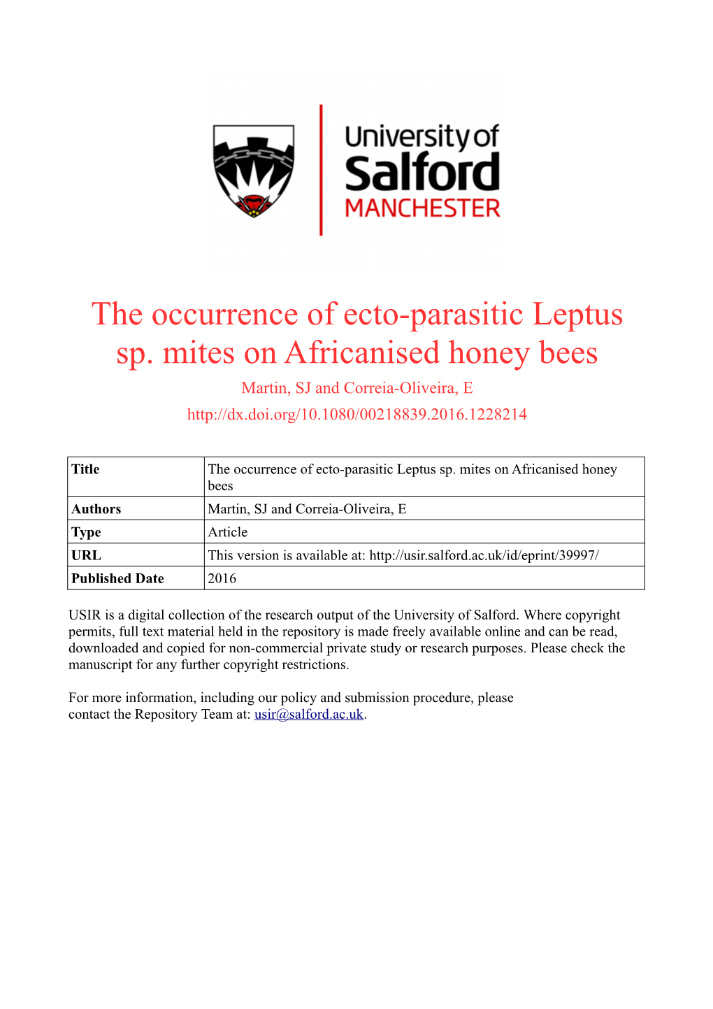 The Occurrence of Ecto-Parasitic Leptus Sp