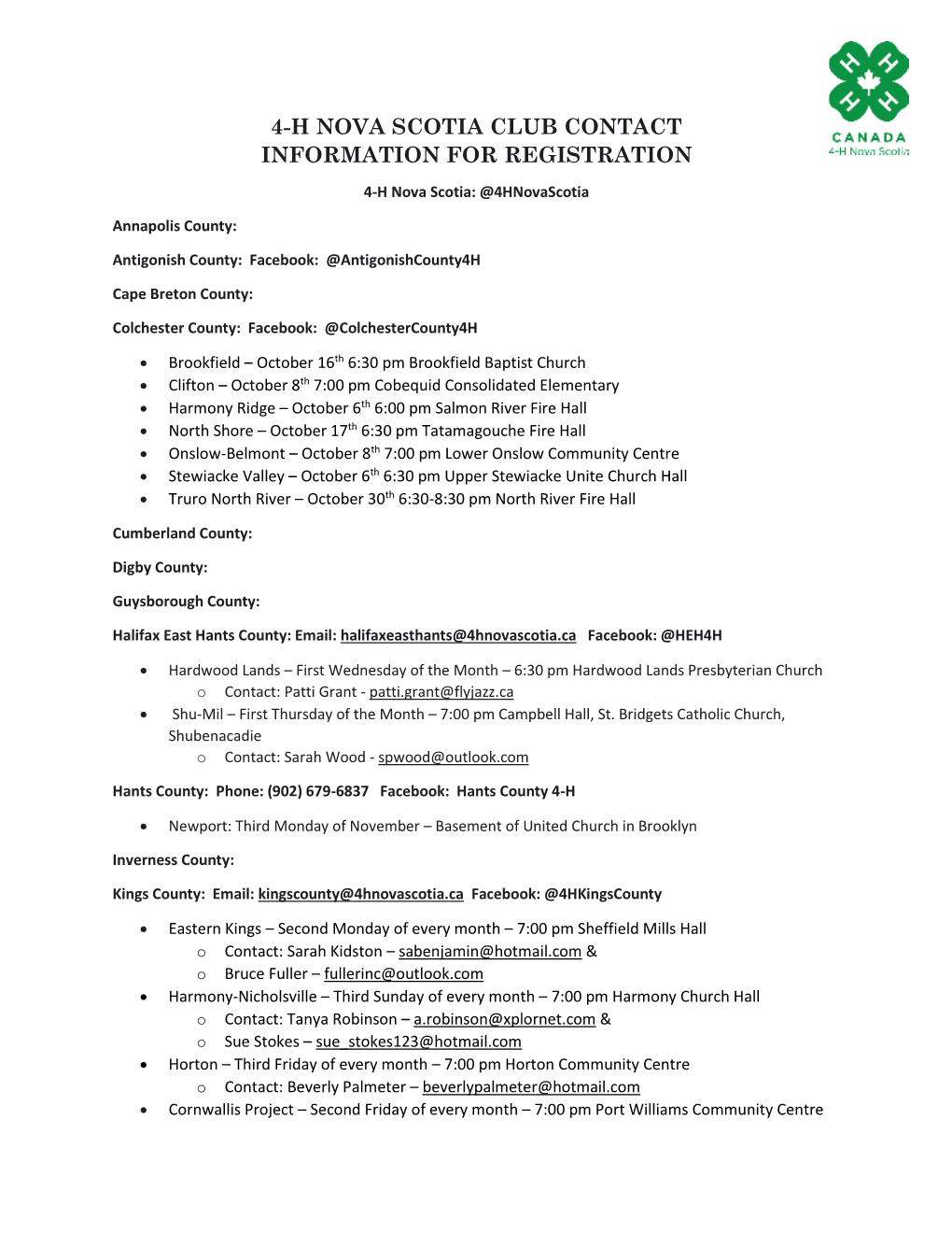 4-H Nova Scotia Club Contact Information for Registration