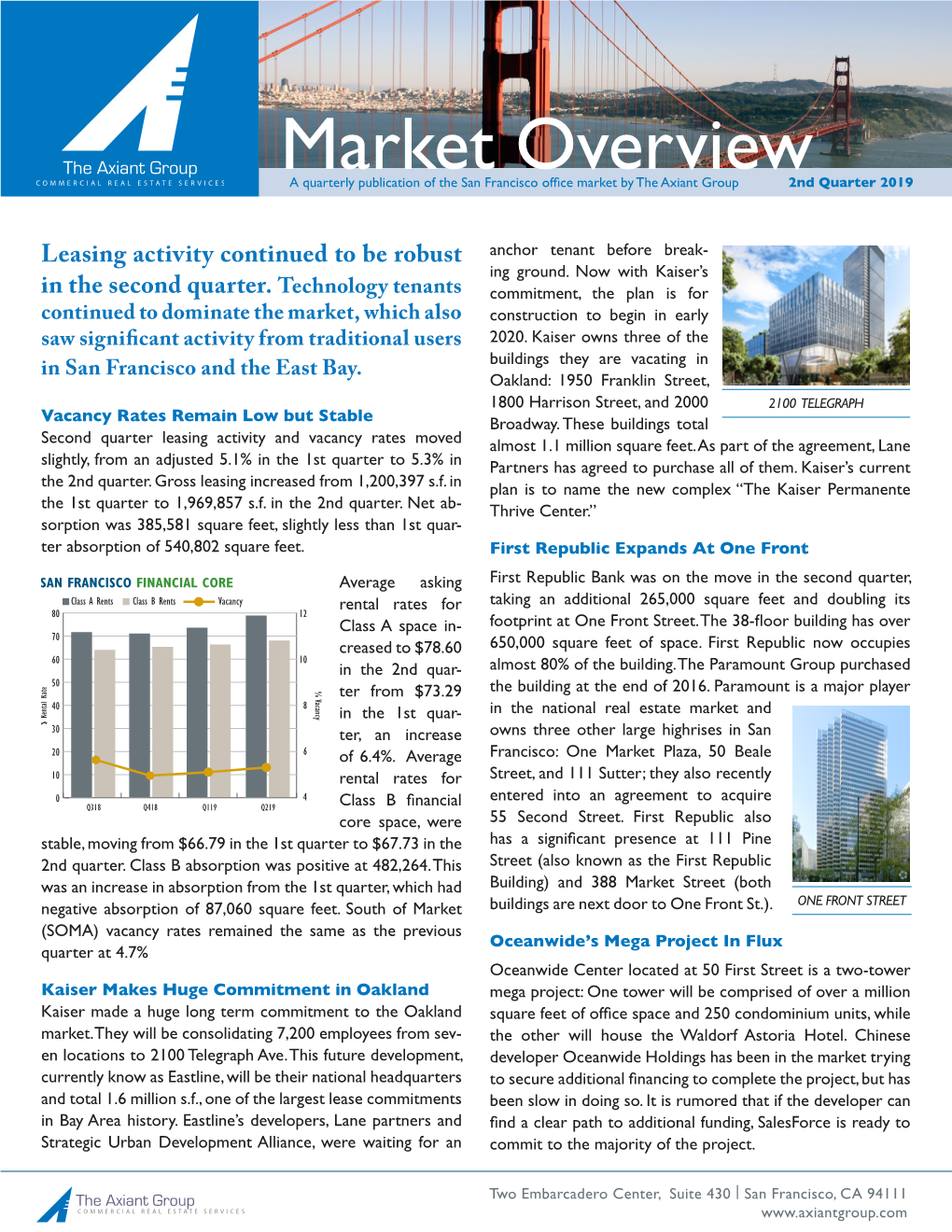 Market Overview a Quarterly Publication of the San Francisco Office Market by the Axiant Group 2Nd Quarter 2019