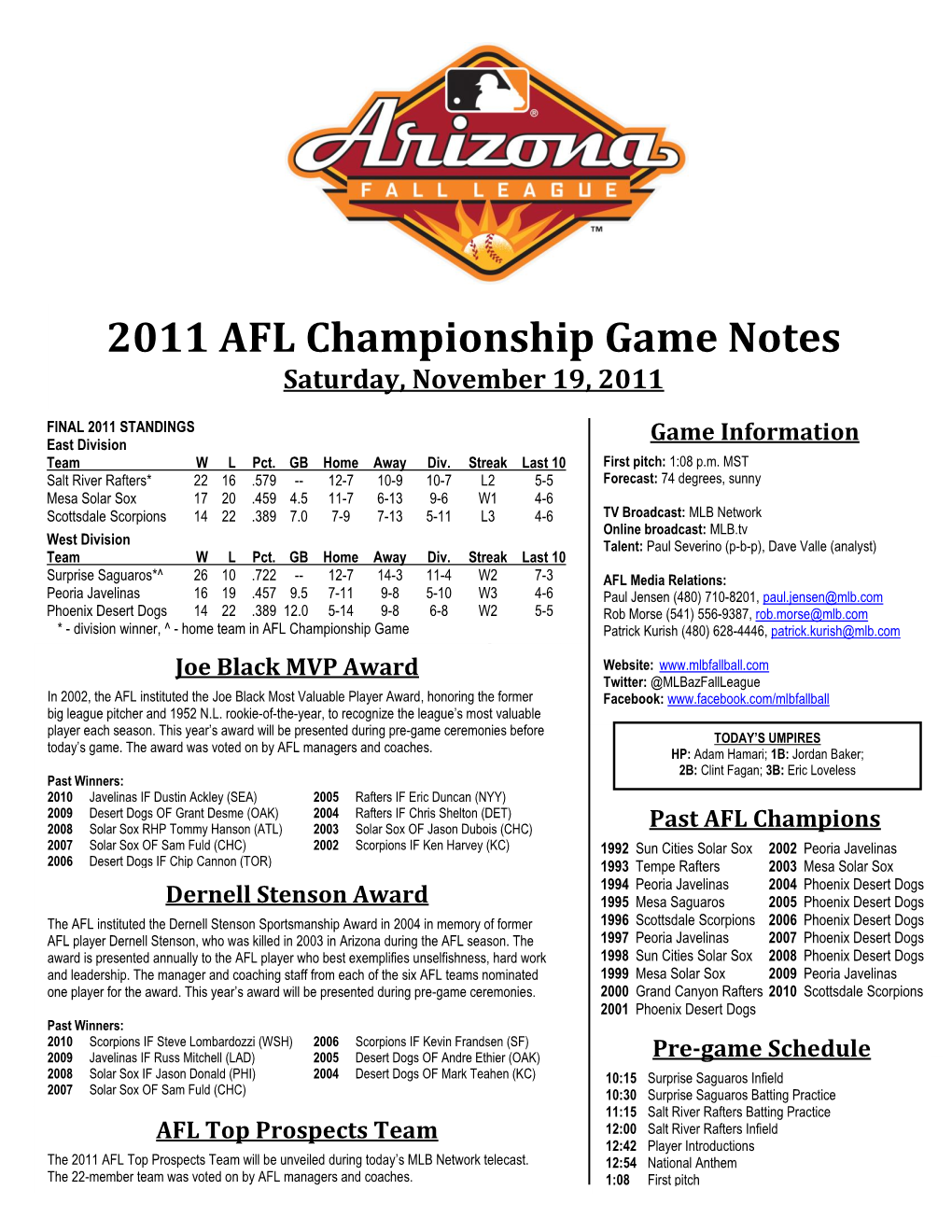 2011 AFL Championship Game Notes Saturday, November 19, 2011