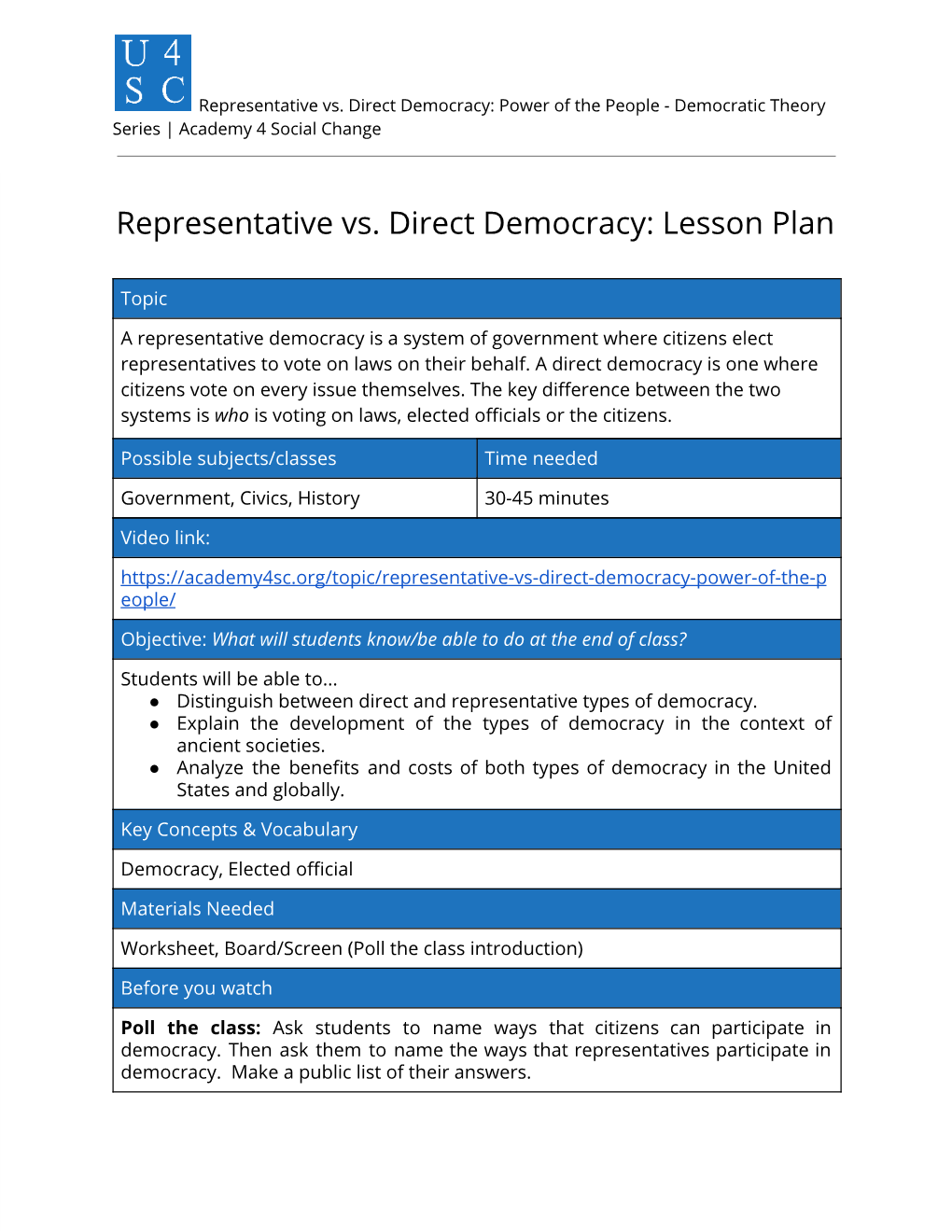 Representative Vs. Direct Democracy: Lesson Plan