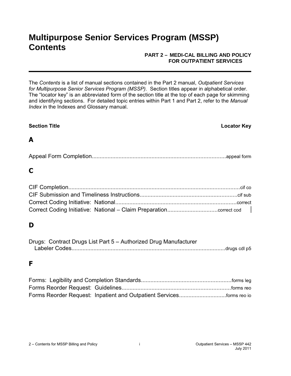 Contents (Part 2 Medi-Cal Billing and Policy): Multipurpose Senior Services Program (MSSP) (MSS)