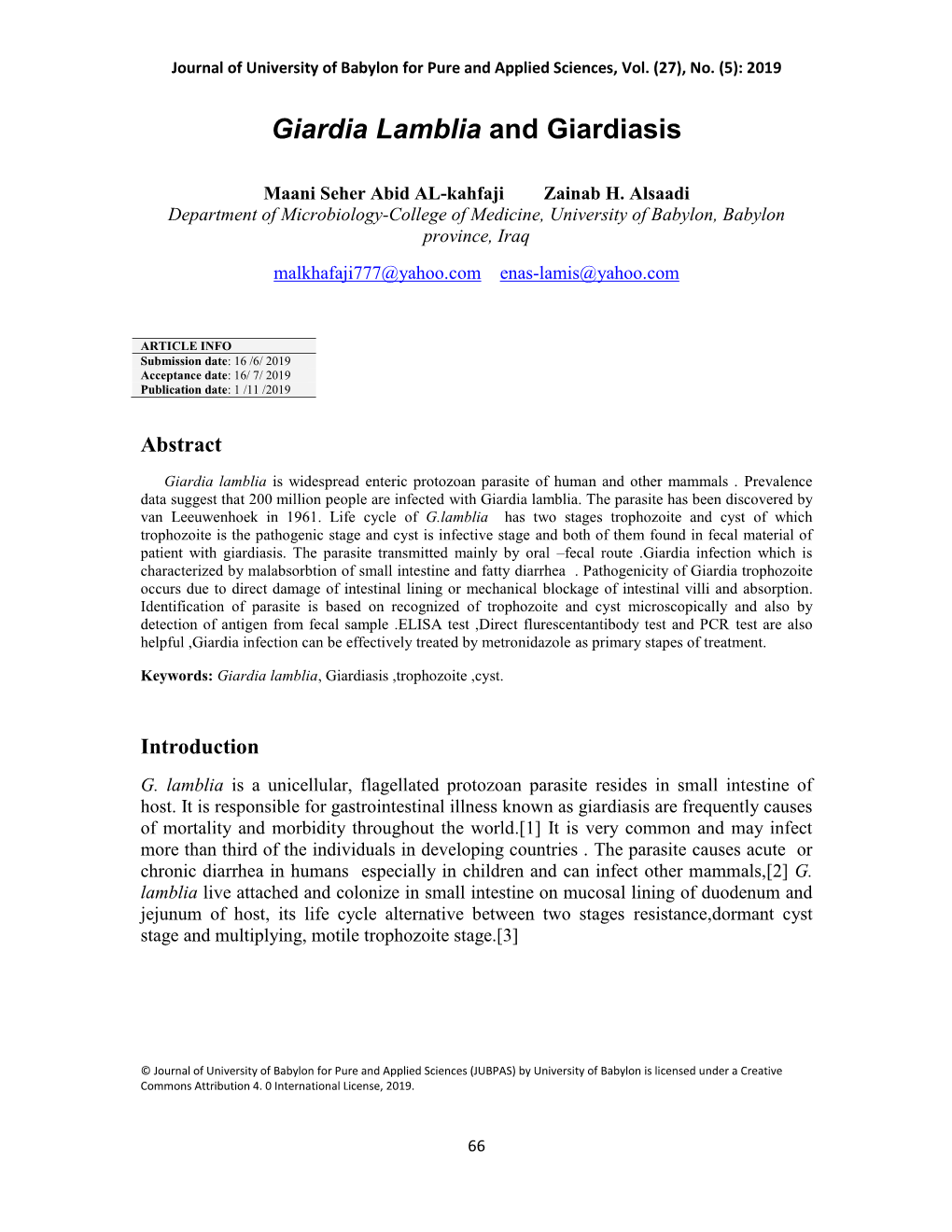 Giardia Lamblia and Giardiasis