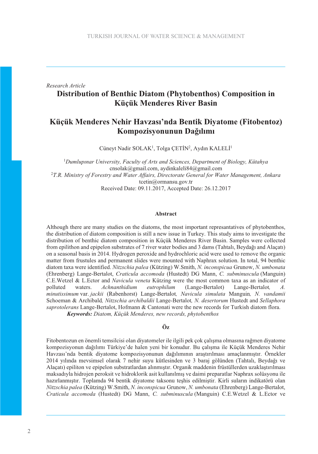 Distribution of Benthic Diatom (Phytobenthos) Composition in Küçük Menderes River Basin