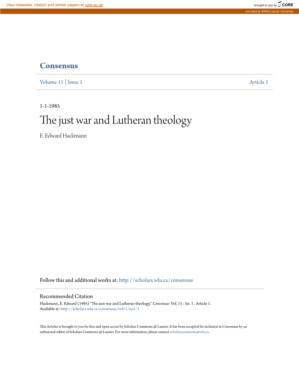 The Just War and Lutheran Theology E