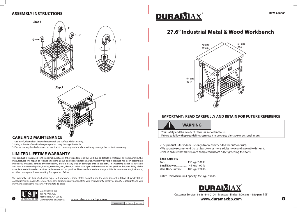 27.6” Industrial Metal & Wood Workbench