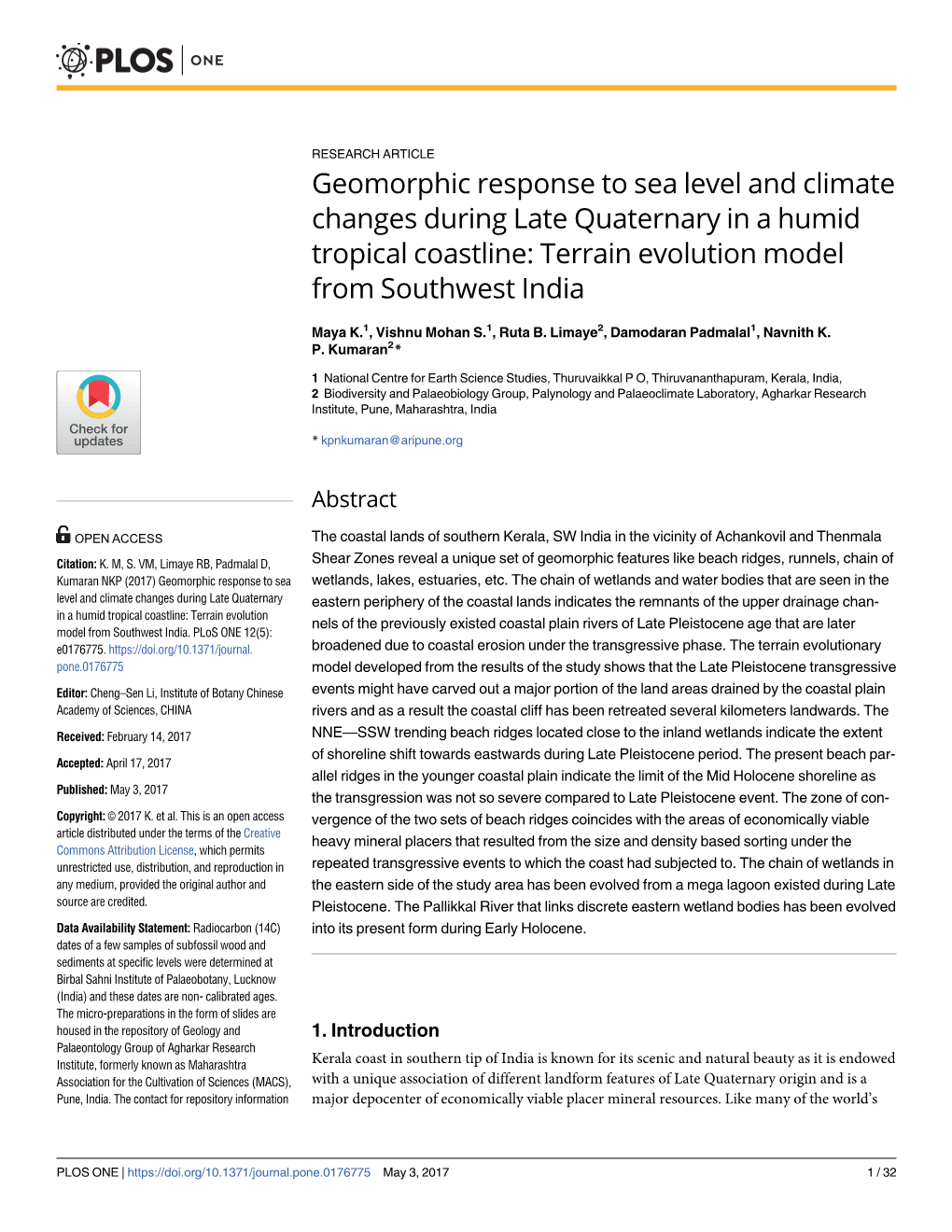 Geomorphic Response to Sea Level and Climate Changes During Late Quaternary in a Humid Tropical Coastline: Terrain Evolution Model from Southwest India
