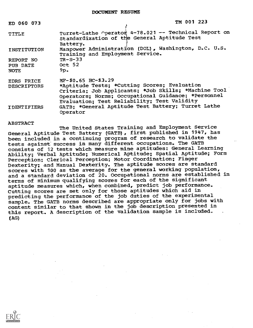 TITLE Turret-Lathe Nperato 4-78.021--Technical Report On