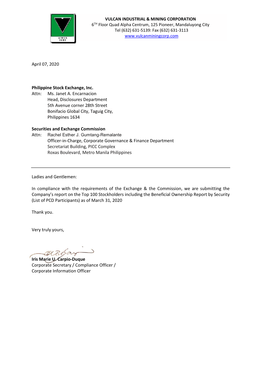 April 07, 2020 Philippine Stock Exchange, Inc. Attn: Ms. Janet A
