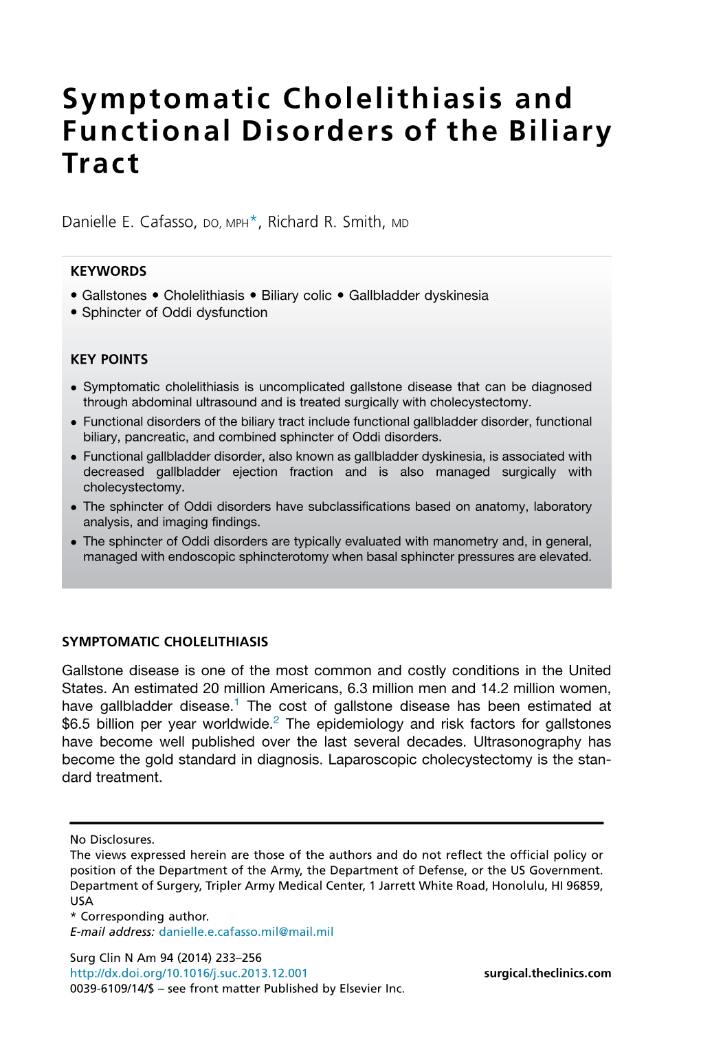 Symptomatic Cholelithiasis and Functional Disorders of the Biliary Tract