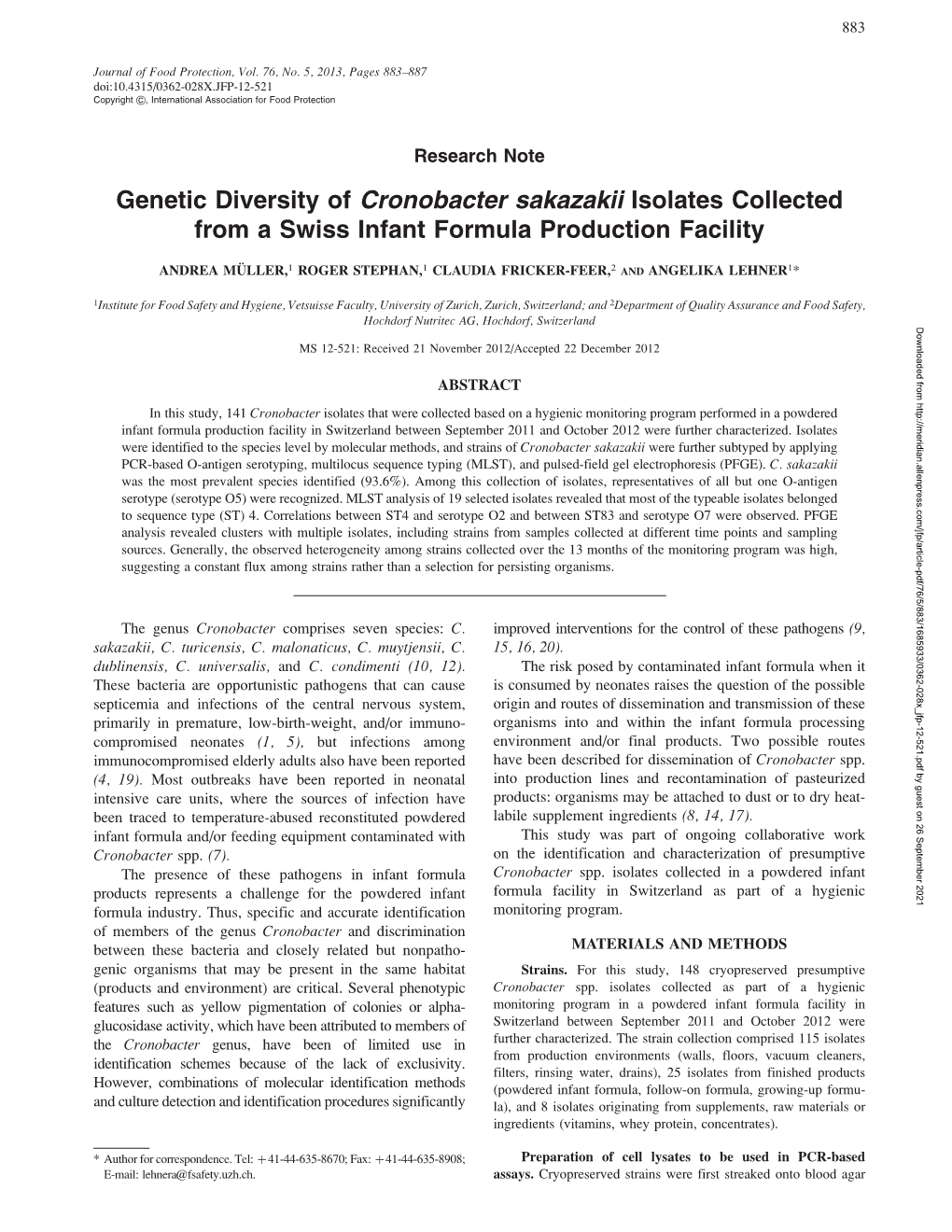 Genetic Diversity of &lt;I&gt;Cronobacter&lt;/I&gt; &lt;I