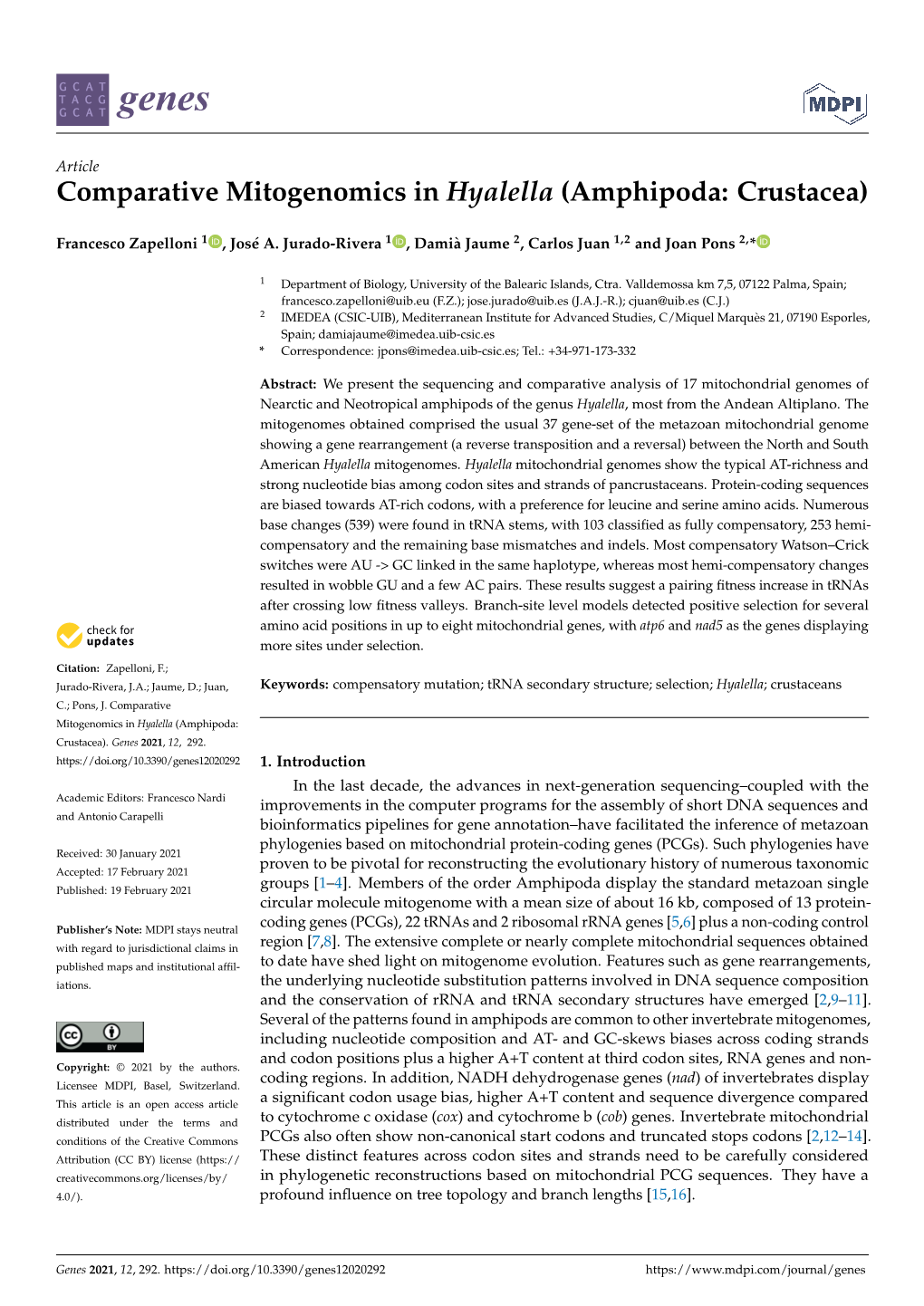 Comparative Mitogenomics in Hyalella (Amphipoda: Crustacea)