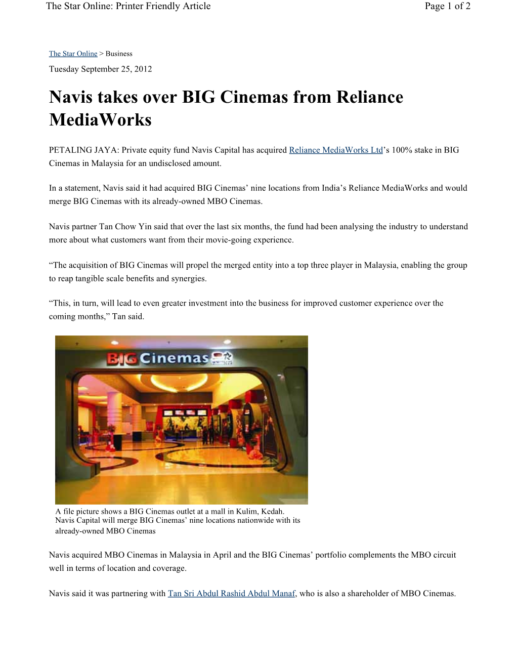 Navis Takes Over BIG Cinemas from Reliance Mediaworks