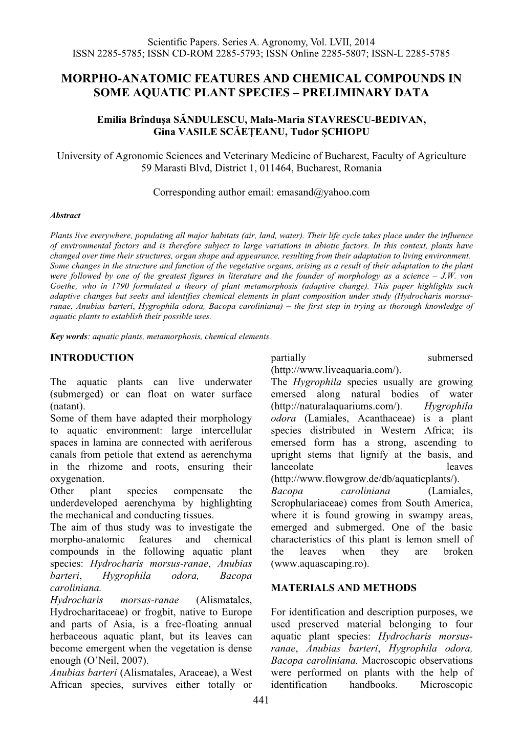 Morpho-Anatomic Features and Chemical Compounds in Some Aquatic Plant Species – Preliminary Data