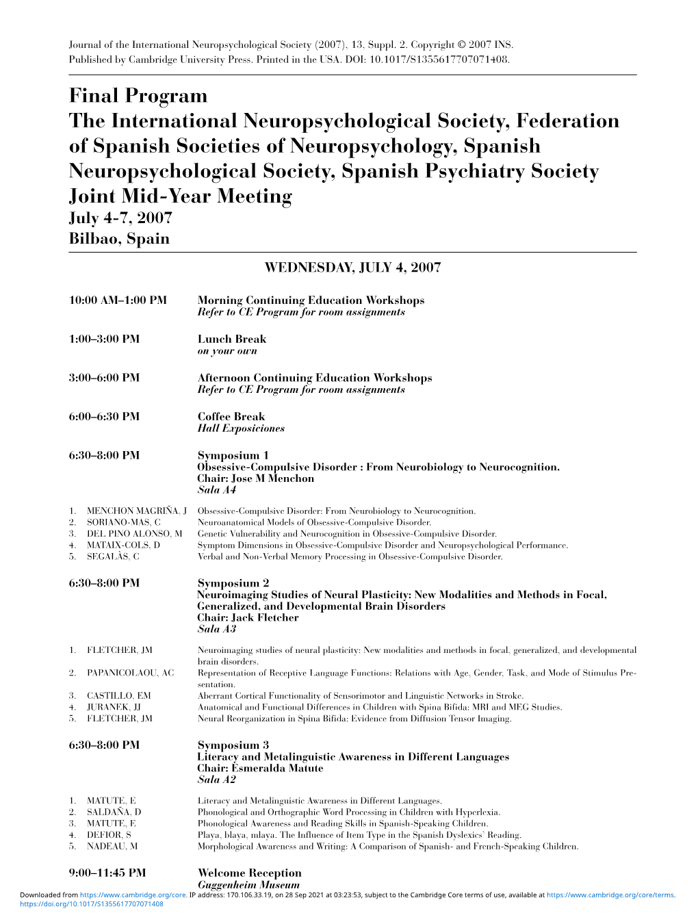 Final Program, the International Neuropsychological Society