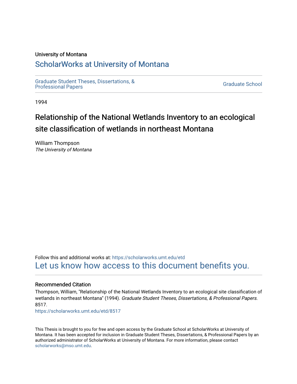 Relationship of the National Wetlands Inventory to an Ecological Site Classification of Wetlands in Northeast Montana