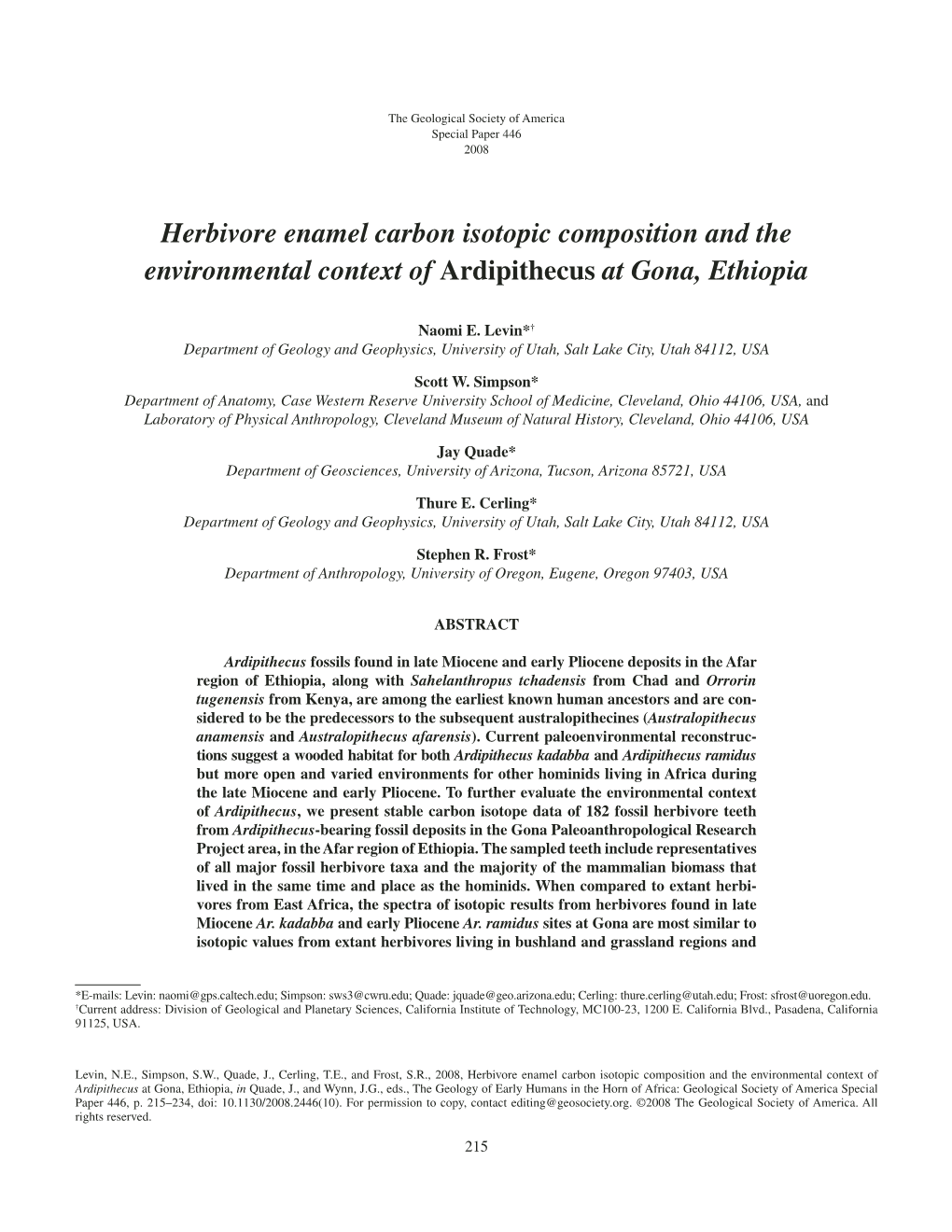 Herbivore Enamel Carbon Isotopic Composition and the Environmental Context of Ardipithecus at Gona, Ethiopia