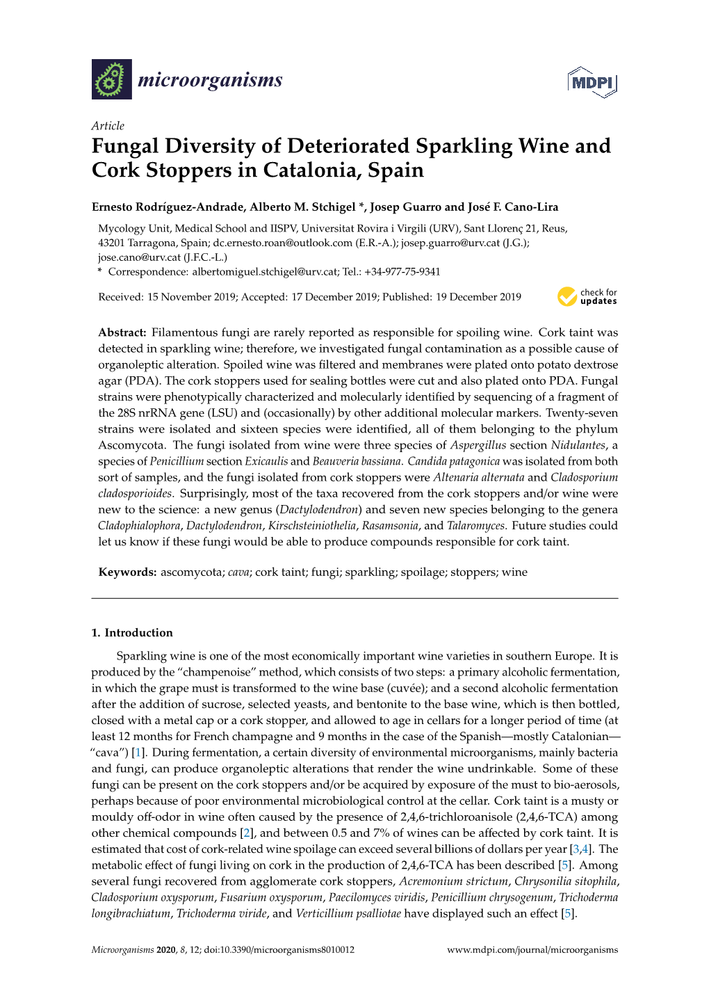 Fungal Diversity of Deteriorated Sparkling Wine and Cork Stoppers in Catalonia, Spain