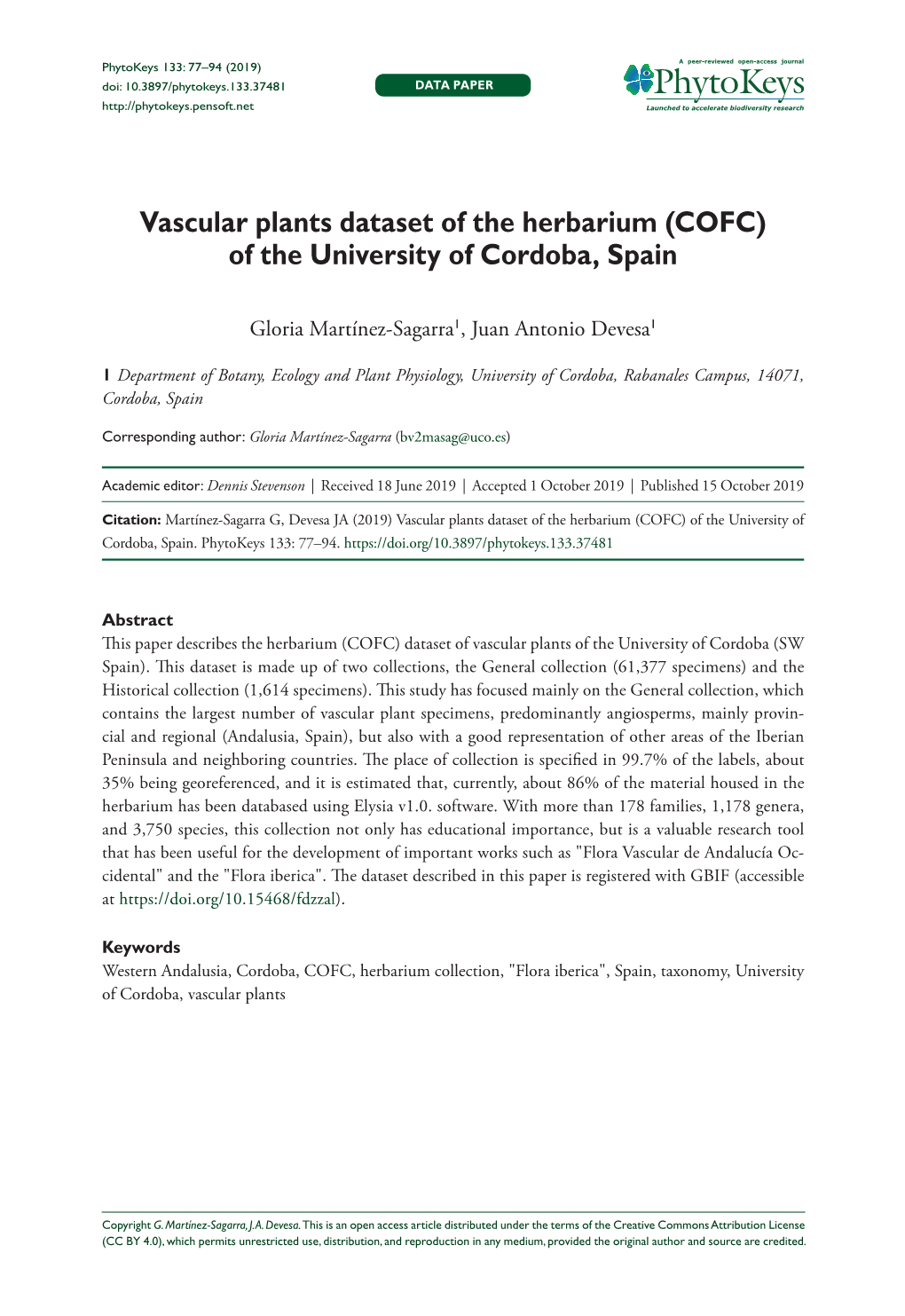 Vascular Plants Dataset of the Herbarium (COFC) of the University of Cordoba, Spain