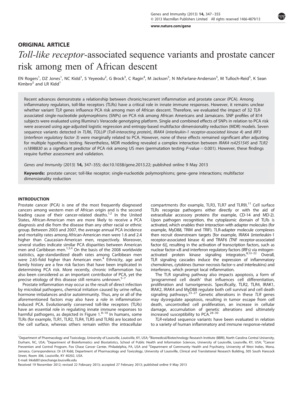 Toll-Like Receptor-Associated Sequence Variants and Prostate Cancer Risk Among Men of African Descent