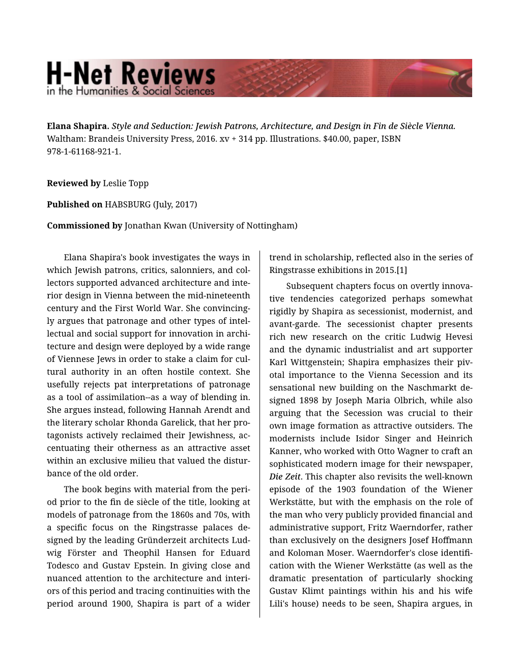 Elana Shapira. Style and Seduction: Jewish Patrons, Architecture, and Design in Fin De Siècle Vienna. Waltham: Brandeis University Press, 2016