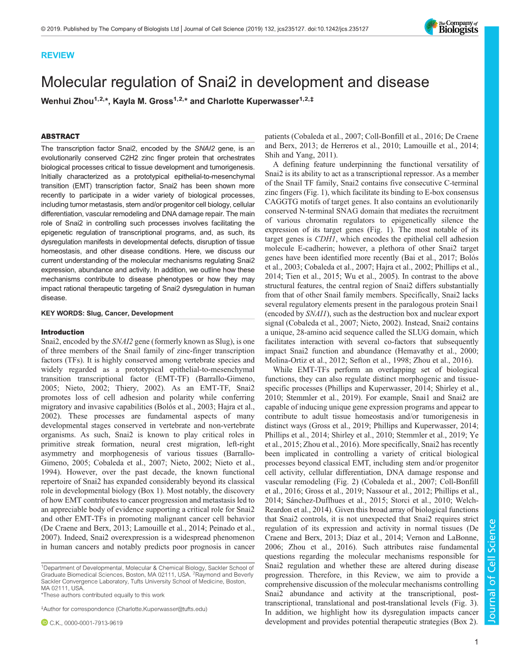 Molecular Regulation of Snai2 in Development and Disease Wenhui Zhou1,2,*, Kayla M