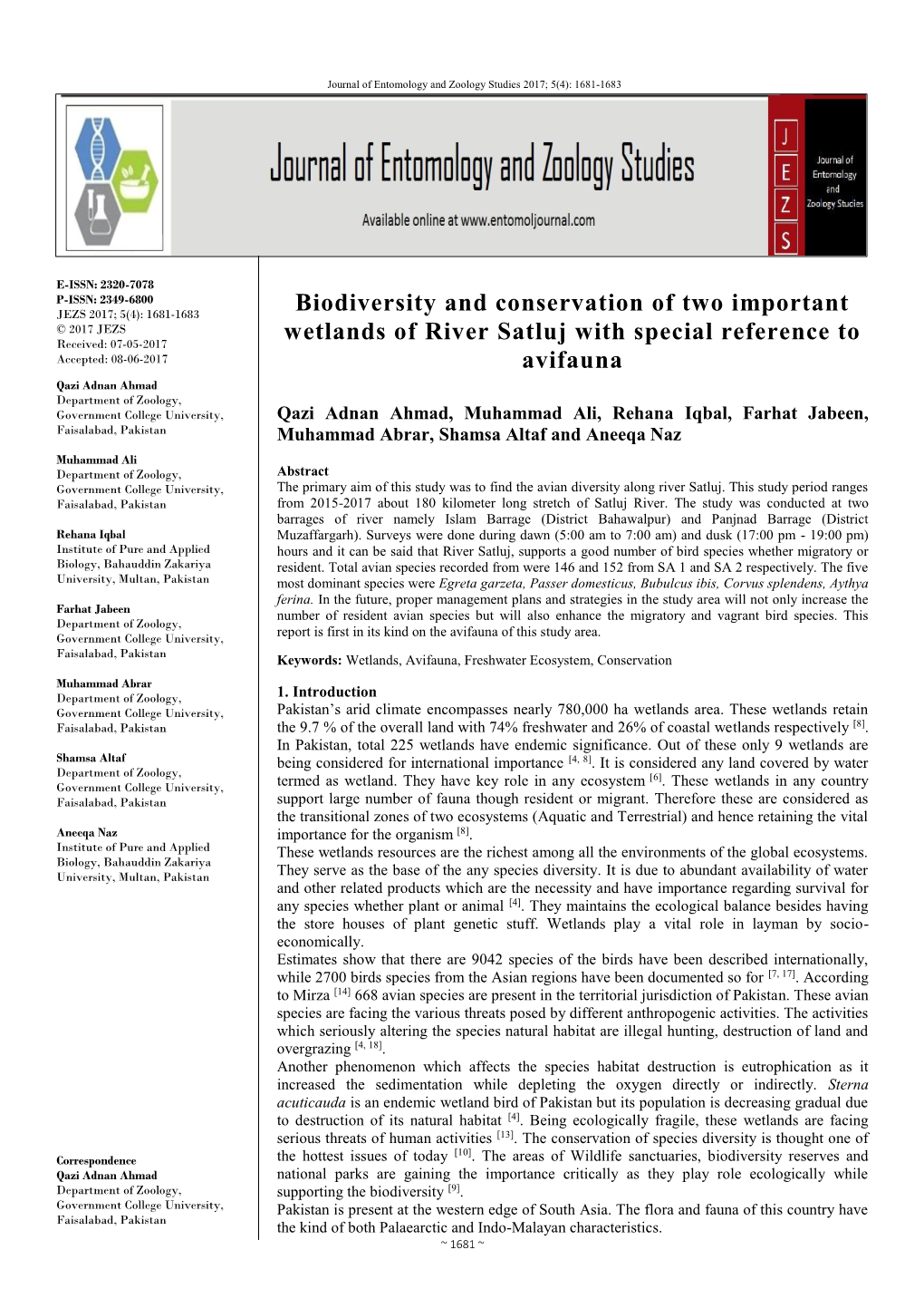 Biodiversity and Conservation of Two Important Wetlands of River Satluj with Special Reference to Avifauna